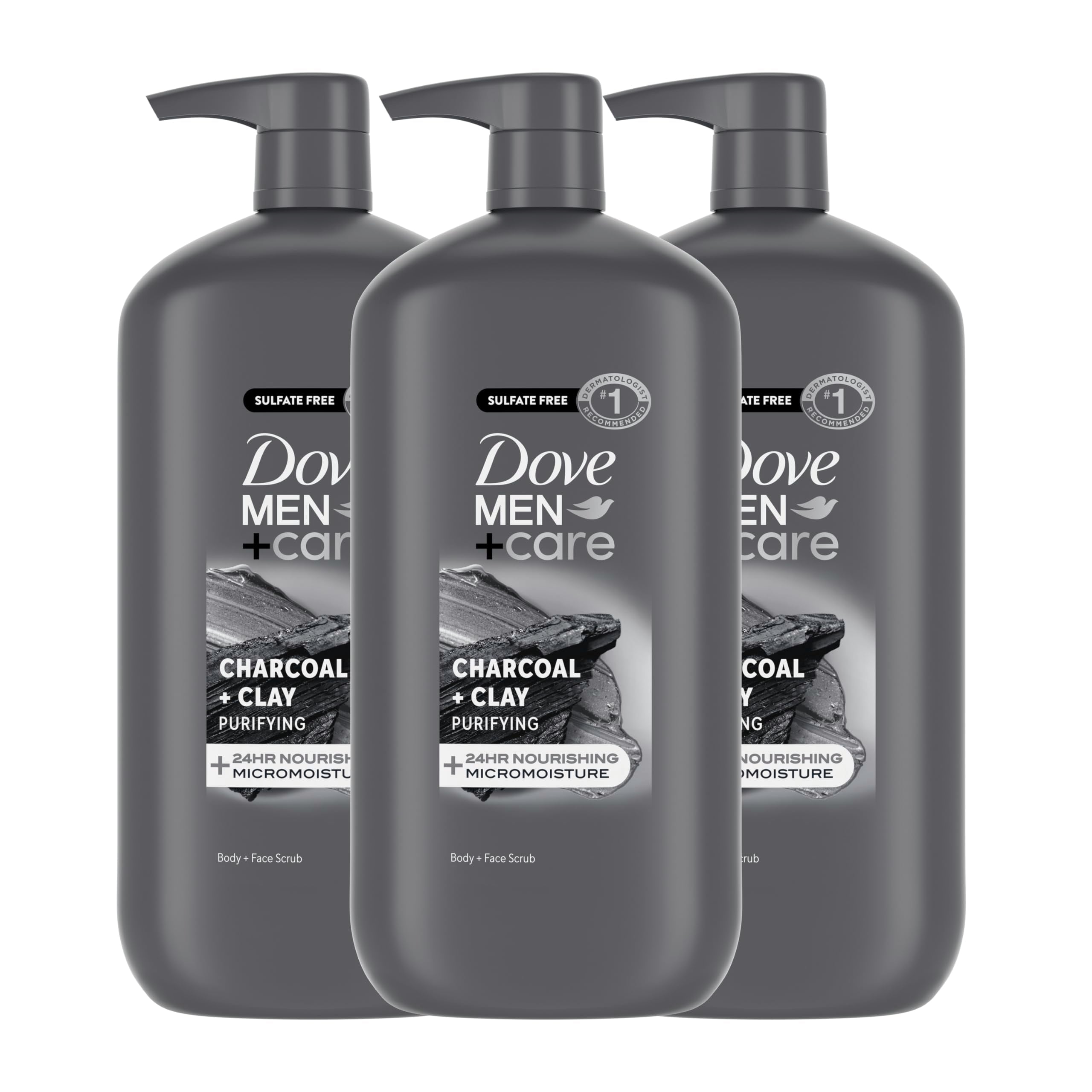 Dove Men+Care Purifying Body & Face Wash 3 Count Charcoal Clay with 24-Hour Nourishing Micromoisture Technology 30 oz