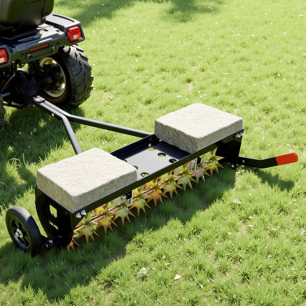 VEVOR Tow Behind Plug Aerator, 40 in Lawn Spike Aerator with Universal Hitch, 150lbs Weight Capacity, Heavy Duty & Rust-Resistant, Pull Behind Aeration Tool with Tray for Farmland & Garden Tractors