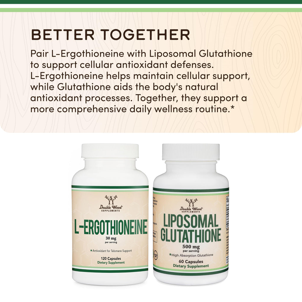 Ergothioneine Supplement (EGT) 30mg of Pure, Plant-Based L-Ergothioneine Per Capsule, 120 Count Non-GMO, Gluten Free, Vegan Safe by Double Wood