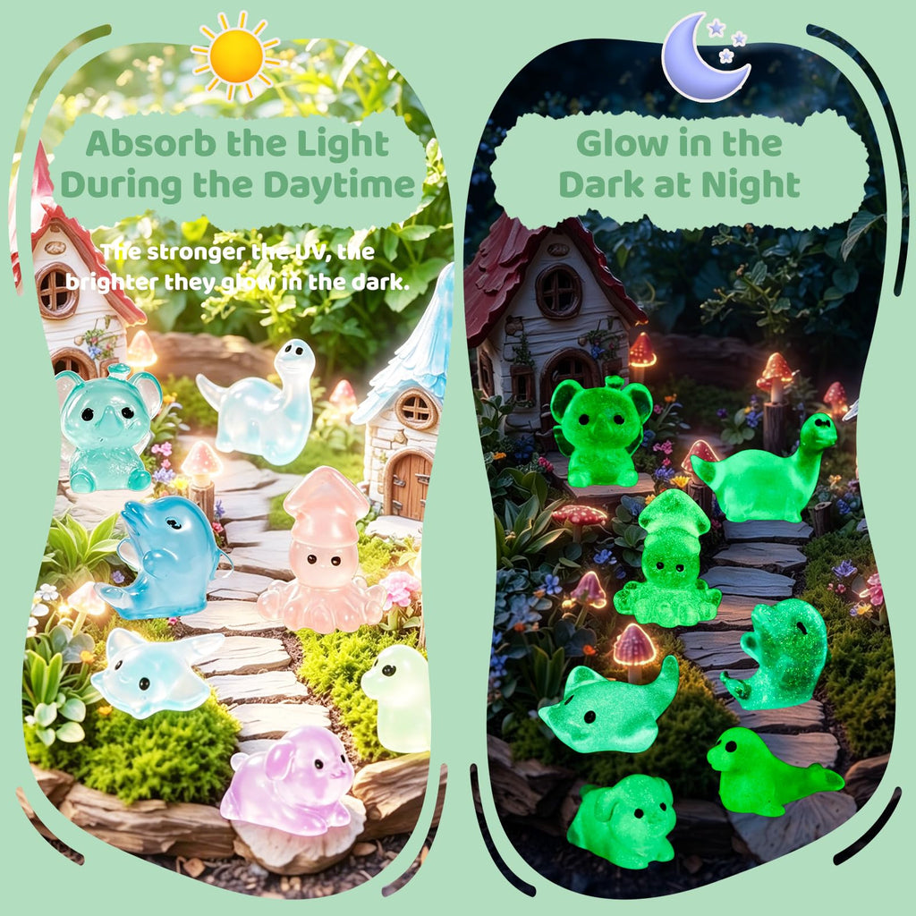 Gucoqe 400PCS Mini Resin Animals, 100+ Styles Glow in the Dark Tiny Animal Figurines Bulk for Fairy Garden, Aquarium, Micro Landscape and DIY Craft Decor
