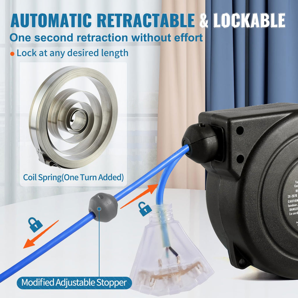 VEVOR Retractable Extension Cord Reel, 30 FT, Heavy Duty 16AWG/3C SJTOW Retractable Power Cord Reel with Lighted Triple Tap Outlet 10 Amp Circuit Breaker, for Ceiling or Wall Mount, Blue