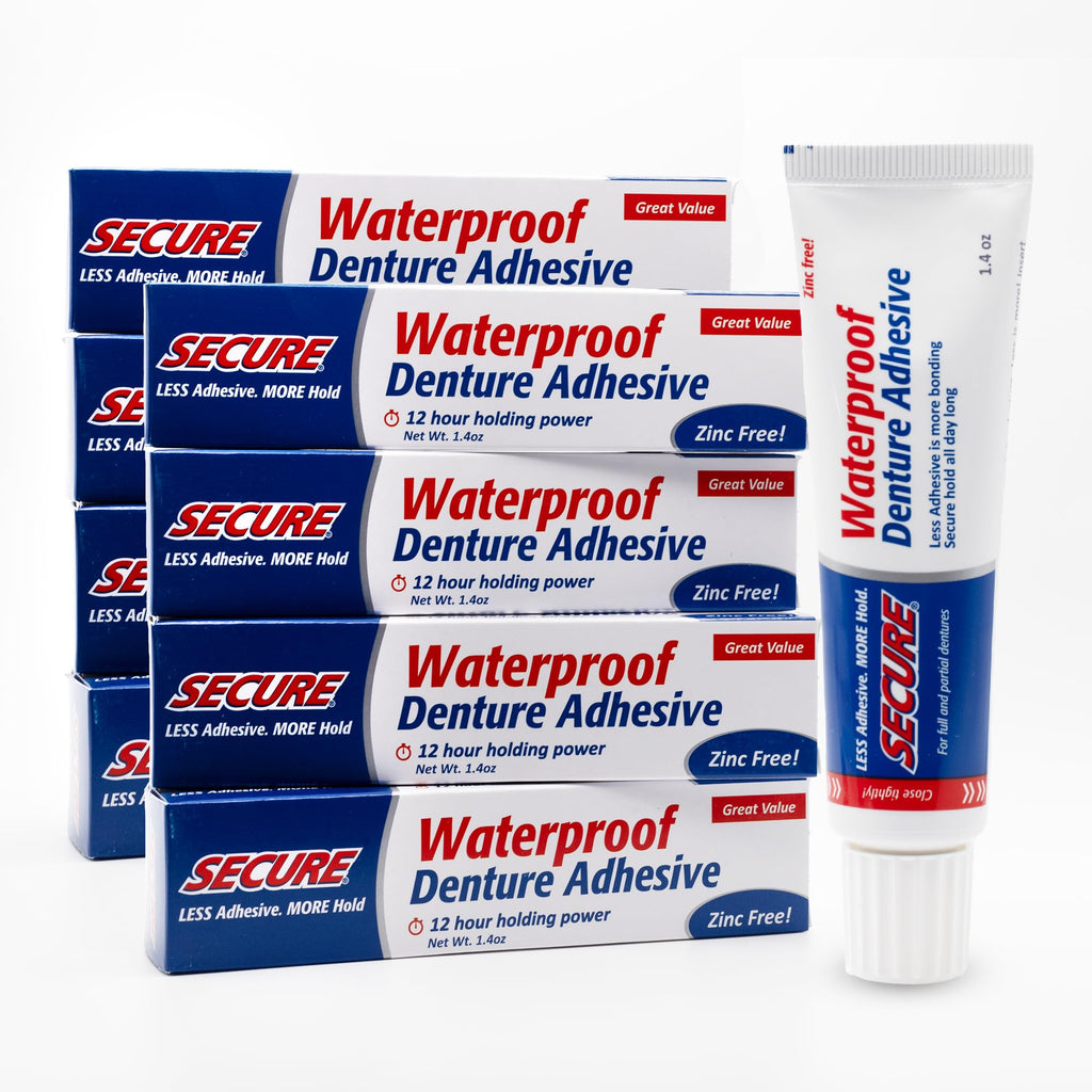 Secure Denture Adhesive Cream for Uppers, Lowers & Partials – Waterproof Seal & Zinc Free – Food Grade Ingredients - Less Adhesive, More Hold - Tube Lasts Up to 8 Weeks – 1.4 oz (8 Pack)