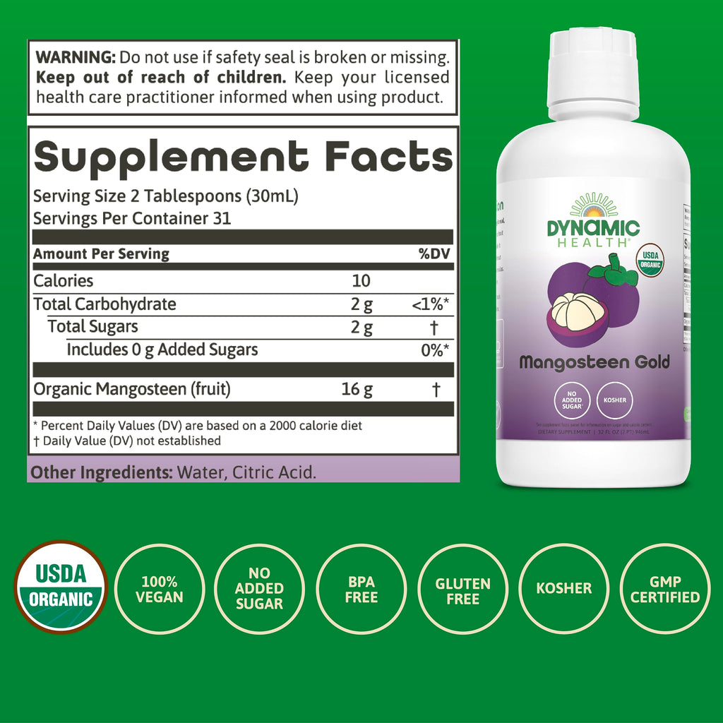 Dynamic Health Mangosteen Gold, Organic Mangosteen 100% Juice, No Additives, Antioxidant, Vegan, Gluten Free, Non-GMO, 32 Fl oz