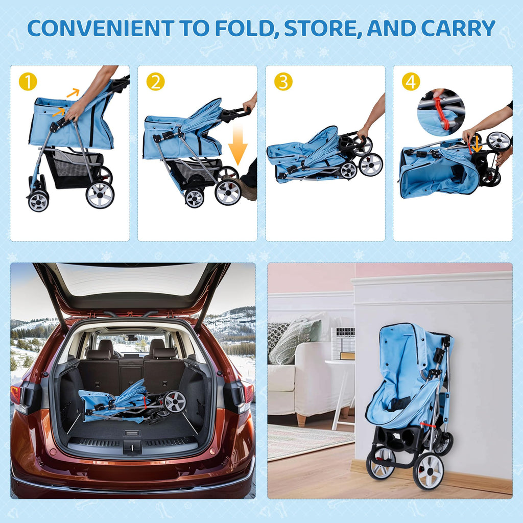 ZENY Foldable Pet Stroller, Cat/Dog Stroller with 4 Wheel, Pet Travel Carrier Strolling Cart with Storage Basket, Cup Holder (Blue)