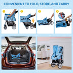 ZENY Foldable Pet Stroller, Cat/Dog Stroller with 4 Wheel, Pet Travel Carrier Strolling Cart with Storage Basket, Cup Holder (Blue)