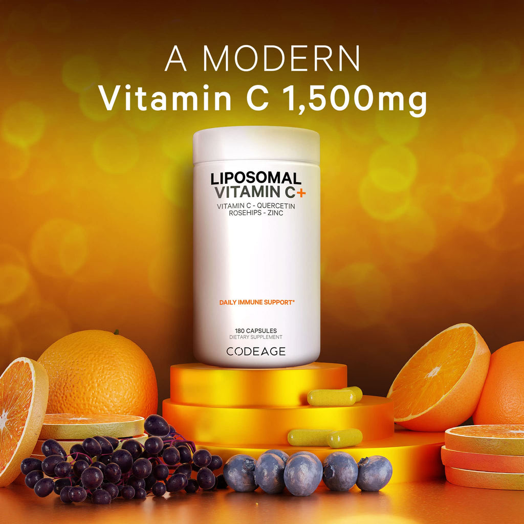 Codeage Liposomal Vitamin C 1500mg with Zinc, Elderberry, Citrus Bioflavonoids Grapefruit, Lemon, Orange Powder, Quercetin & Rose Hips Fruit – Vegan Supplement - Non-GMO, Vegan Pills - 2 Pack