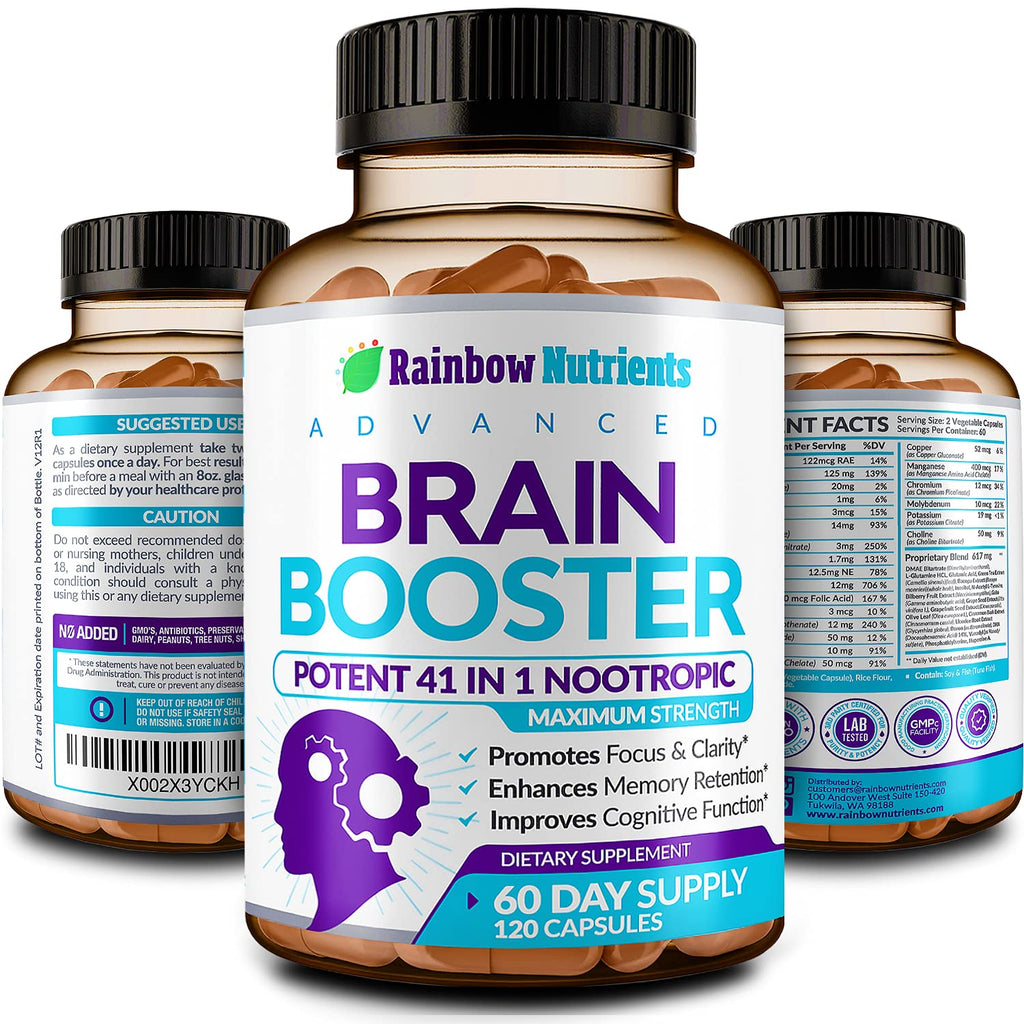 40-in-1 Brain Booster Supplements for Memory, Focus, Clarity, Energy, Performance | Natural Nootropic Brain Support Supplement with DMAE, Bacopa Monnieri & More | For Men & Women | 120 V Capsules