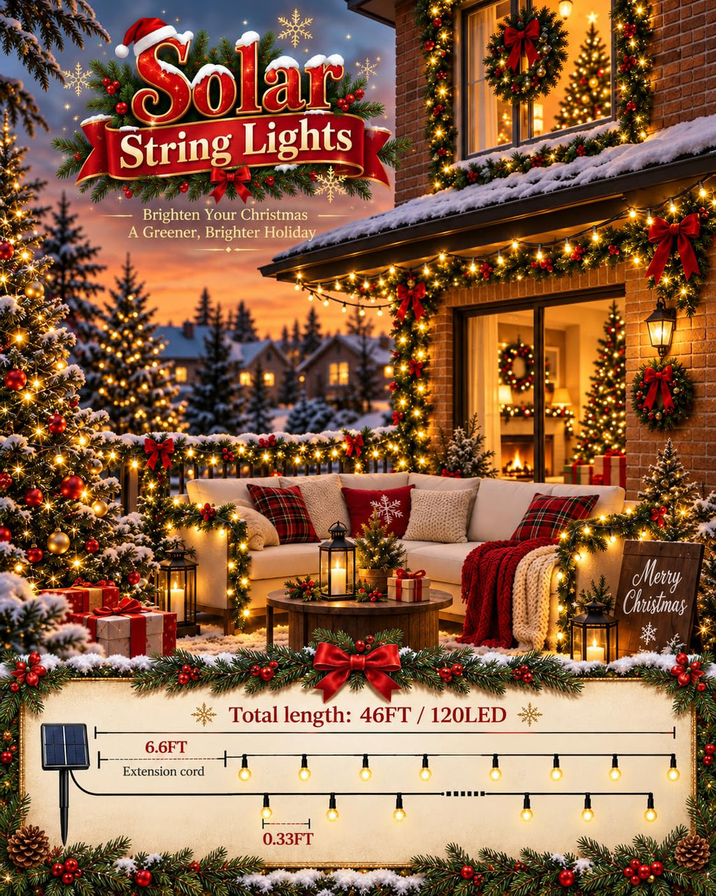 OZS 2 Pack 240 LED Solar String Lights Outdoor Waterproof, Warm White
