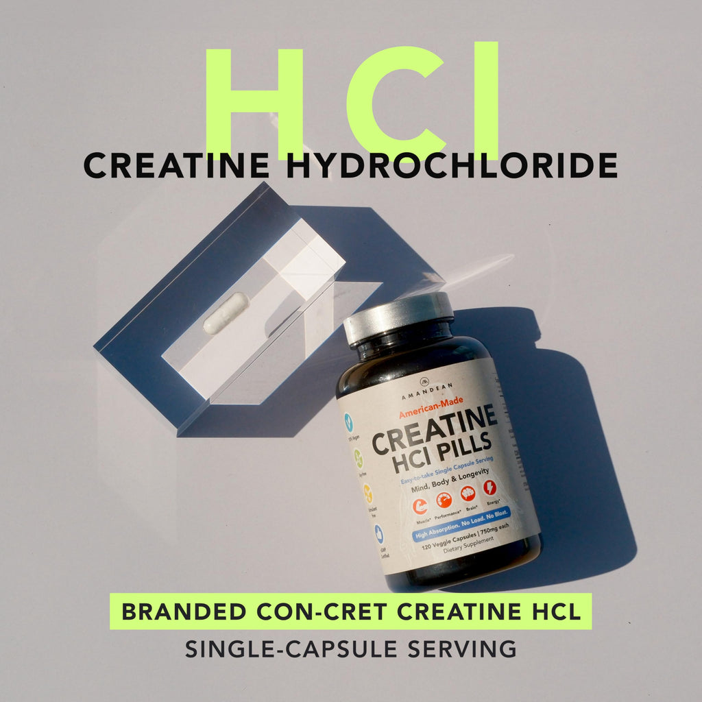 AMANDEAN Creatine HCl Pills. American Made CON-CRET. 120 Capsules. 7X Concentrated vs Monohydrate Powder. No Bloat. Muscle, Energy, Cognitive, Recovery Support for Men & Women. Gluten Free, Non-GMO.