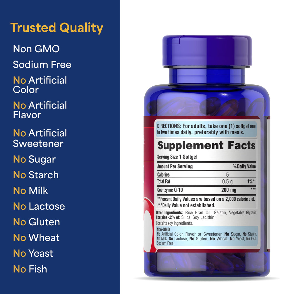 Puritan's Pride Coenzyme CoQ10 200mg, Dietary Supplement for Heart Health, Blood Pressure, Oral Gum Health, and Healthy Aging Support, 120 Servings, Rapid Release Softgels