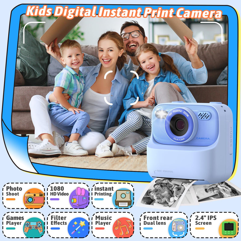 Kids Instant Digital Cameras for Boys and Girls, 1080P HD Dual-Lens Selfie Digital Camera with Print Paper & TF Card, Christmas Birthday Gifts Toys for Toddler and Teenagers Age 3-16 Years Old