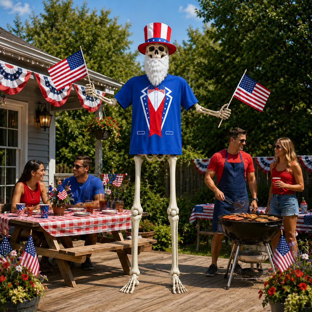 JcHrmers 12 ft Skeleton Patriotic Outfits 4th of July Skeleton Tuxedo T-Shirt Clothes with Hat Flags Beard Funny Giant Skull Clothing for Independence Day Summer Holiday Outdoor Decor