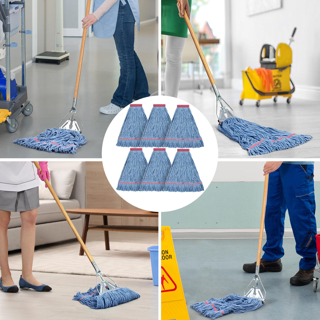 Matthew Cleaning 24oz Heavy Duty Mop Head Commercial Replacement for General and Floor Cleaning, Wet Industrial Blue Cotton Looped End String Head Refill (Pack of 6) Blue