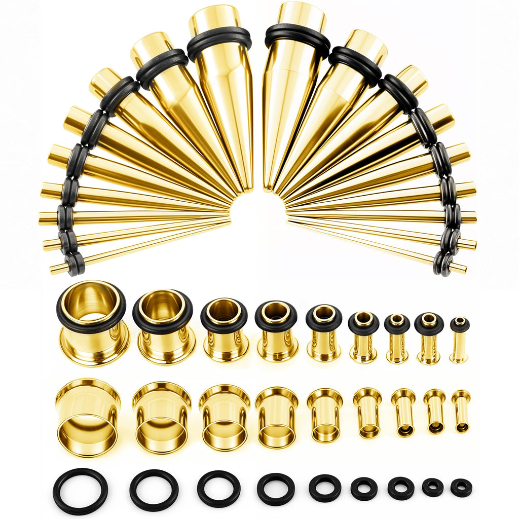 BodyJ4You 36PC Ear Stretching Kit - Complete Beginner Set Gauges for Ears 14G-00G - Goldtone Stainless Steel Tapers Single Flare Plugs Tunnels - Dead Stretching Lobe Men Women Expander Piercing