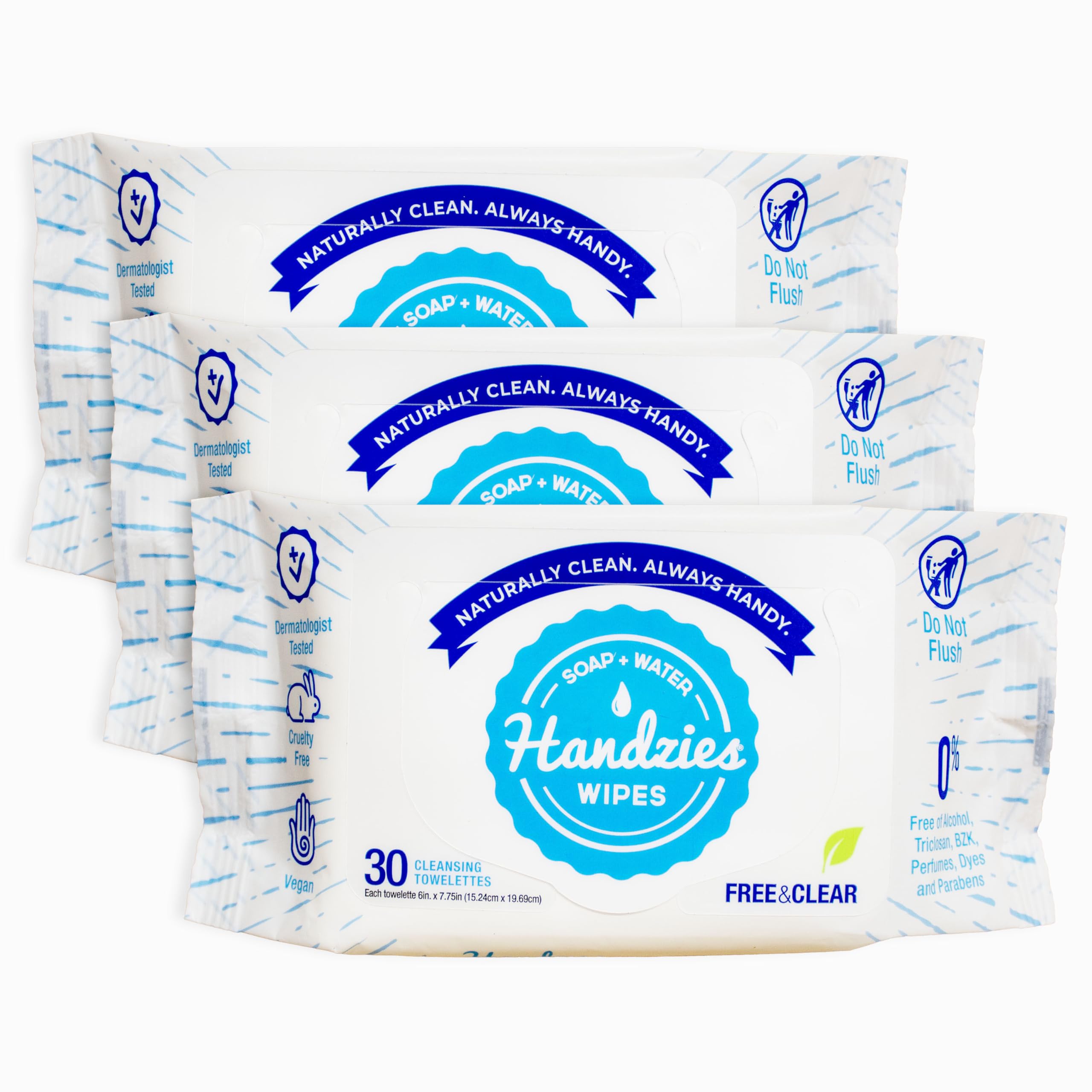 Handzies Natural Soap and Water Cleansing Towelettes - Free&Clear - 30ct Soft Pack - Bundle of 3 (90 total towelettes)