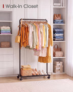 Sakugi Clothes Rack - Clothing Rack with Storage Mesh Shelf & Casters, Heavy-Duty Metal Clothing Rack for Hanging Clothes, Dresses, Coats, Large Load Capacity, Easy Assembly, Black, 28.0"x16.9"x59.0"
