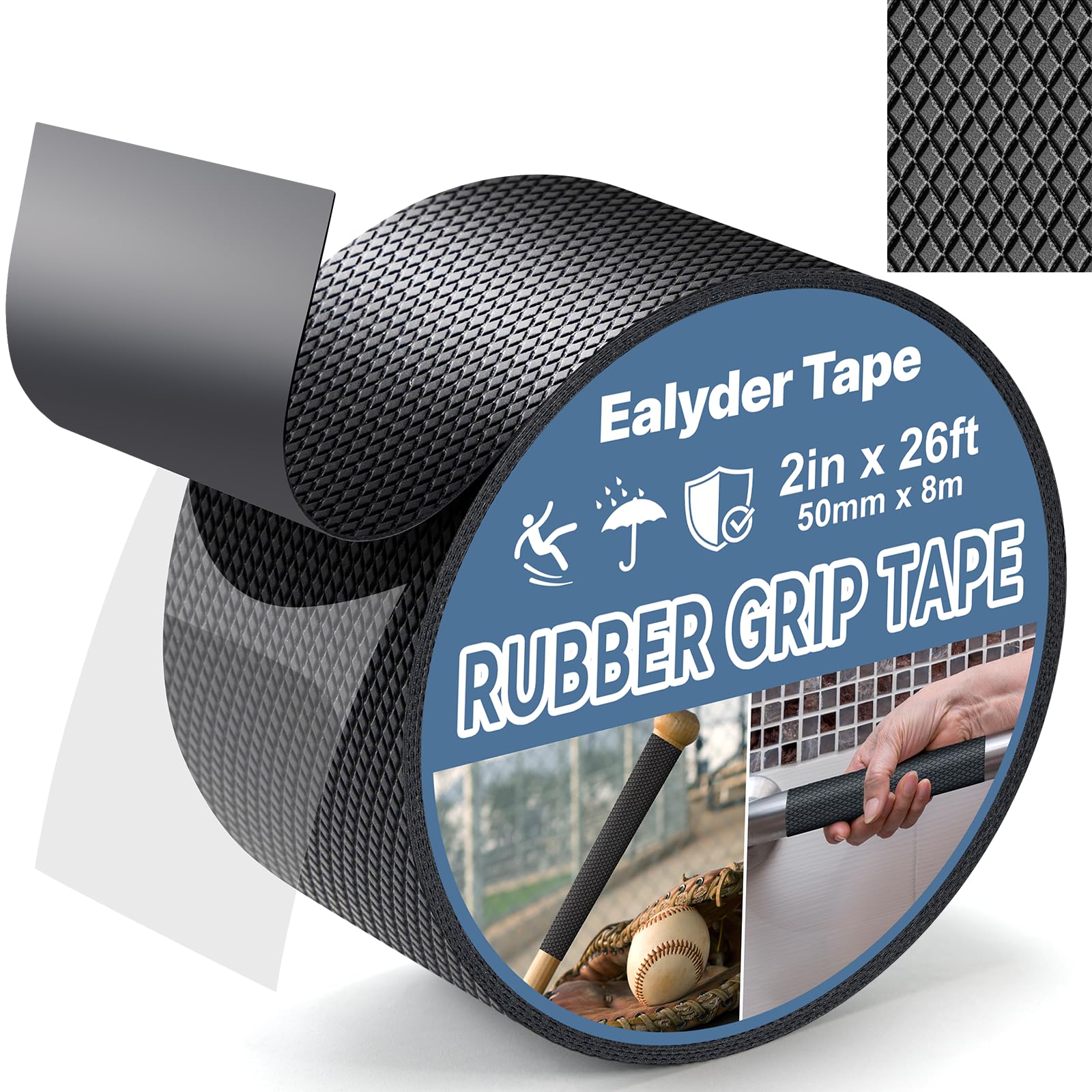 Ealyder Tape 2 Inch x 26 FT Rubber Grip Tape, Black Ultra-Thin Strong Adhesive Anti-Slip for Handles, Home Use, Waterproof Wear-Resistant Heat Resistant Grip Tape, Comfortable in Hands