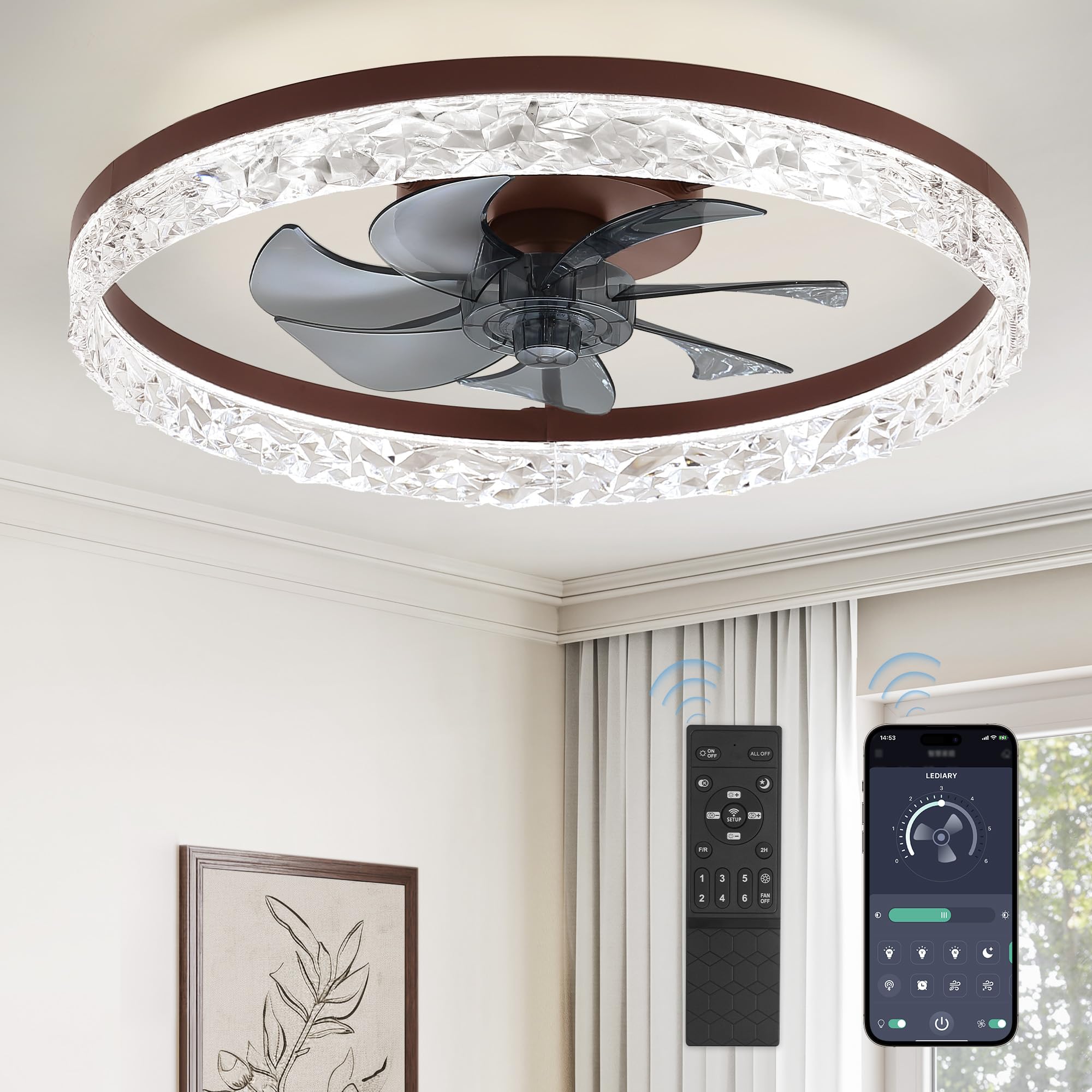 LEDIARY 20" Modern Ceiling Fans with Lights and Remote, Dimmable Low Profile Ceiling Fan, Flush Mount Ceiling Fan, Stepless Color Temperature Change and 6 Speeds - Brown