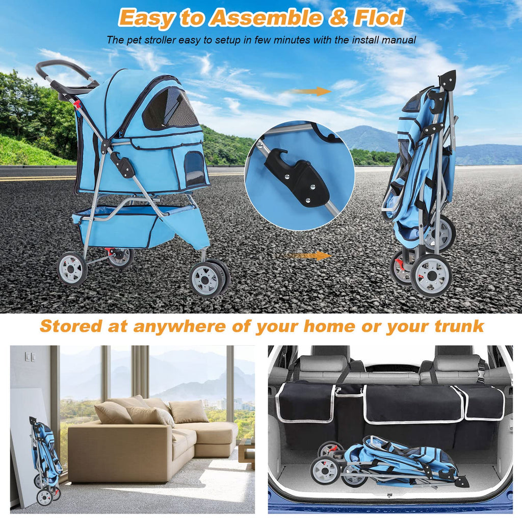 BestPet 3 Wheels Pet Stroller Dog Stroller Cat Cage Jogger Stroller Cats Travel Folding Carrier Waterproof Puppy Stroller with Cup Holder & Removable Liner,Blue