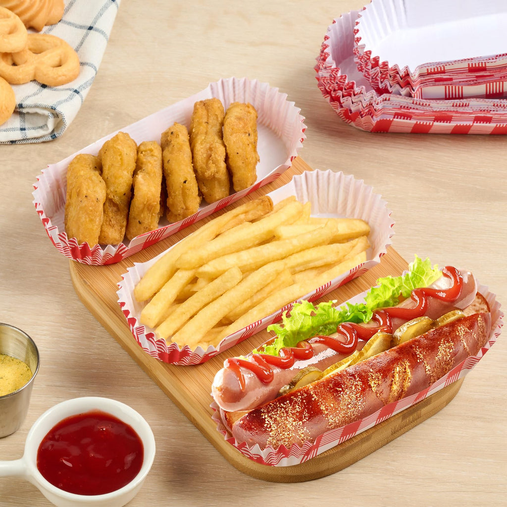 300 Pcs Paper Hot Dog Trays, Small Disposable Hot Dog Boats Fluted to Go Food Holders for Concession Stand, Party, Food Truck (Red)
