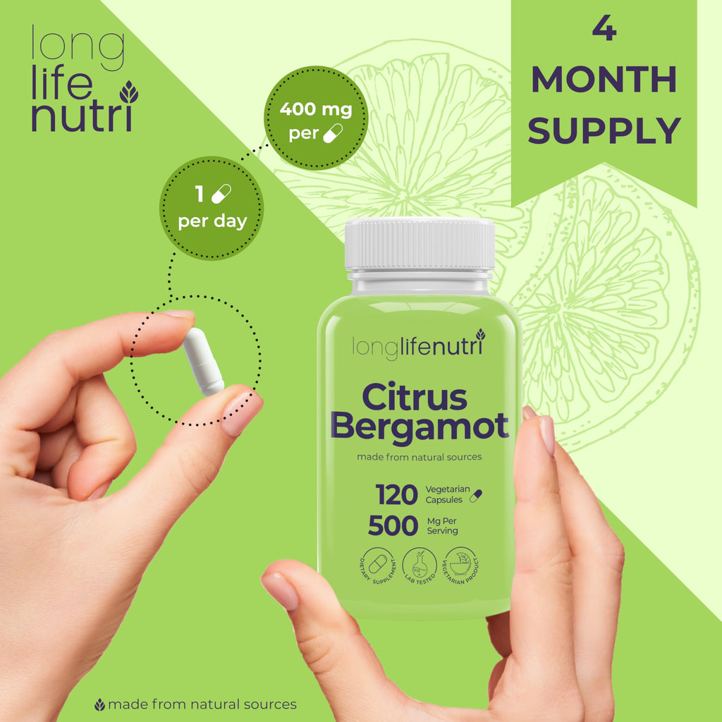 LongLifeNutri Citrus Bergamot Extract 500mg - 120 Vegetarian Capsules, 40% Polyphenolic Flavanones, 4-Month Supply, Plant-Based Anti-Oxidant, Tested, Made in USA