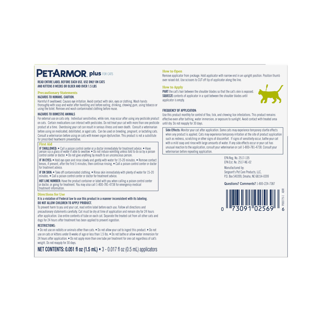 PetArmor Plus Flea & Tick Topical Cats 1.5 lbs+, 3-Month