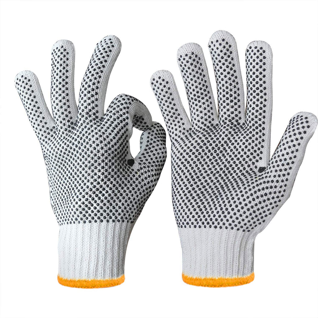 Evridwear Cotton Polyester String Knit Shell Safety Protection Work Gloves for Painter Mechanic Industrial Warehouse Gardening Construction Men & Women 12 Pairs, With Two Side dots, S Size
