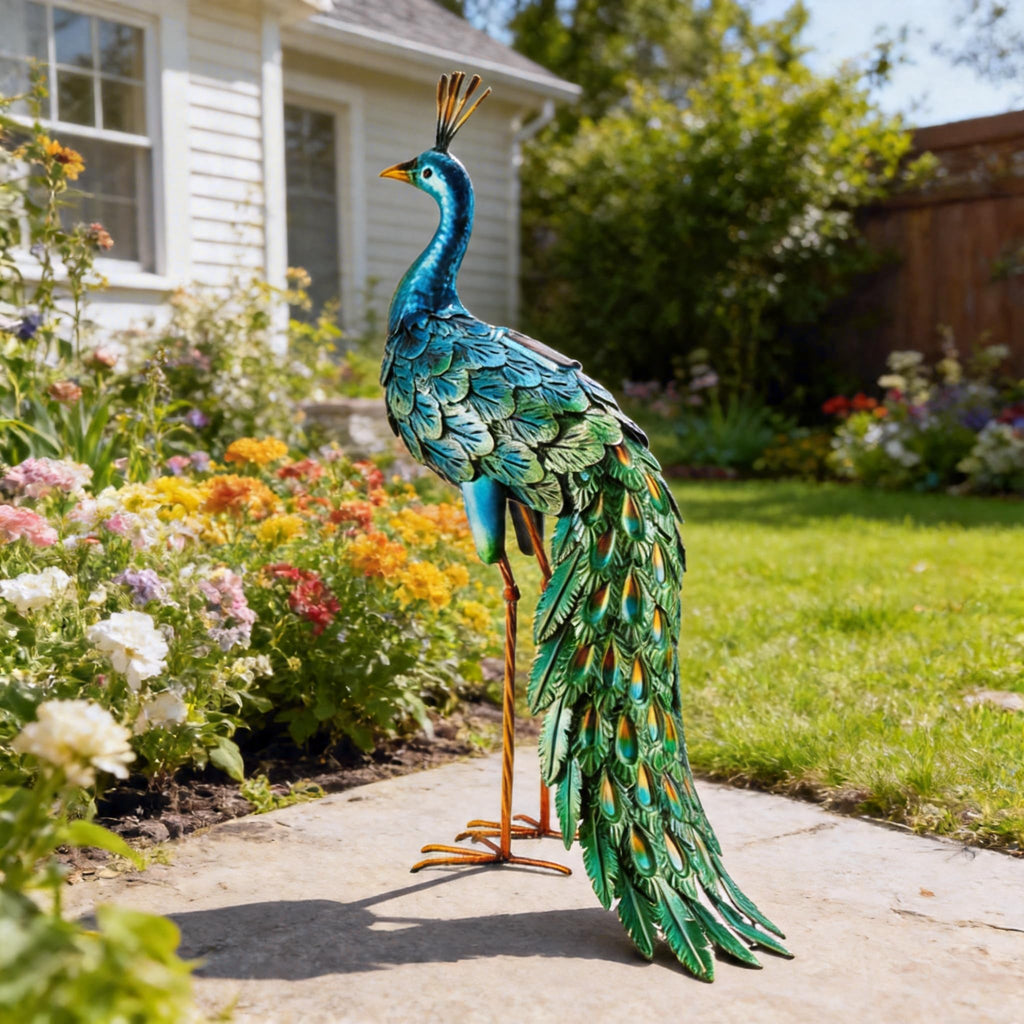 chisheen Outdoor Solar Peacock Decor Garden Statue Metal Yard Art Sculpture
