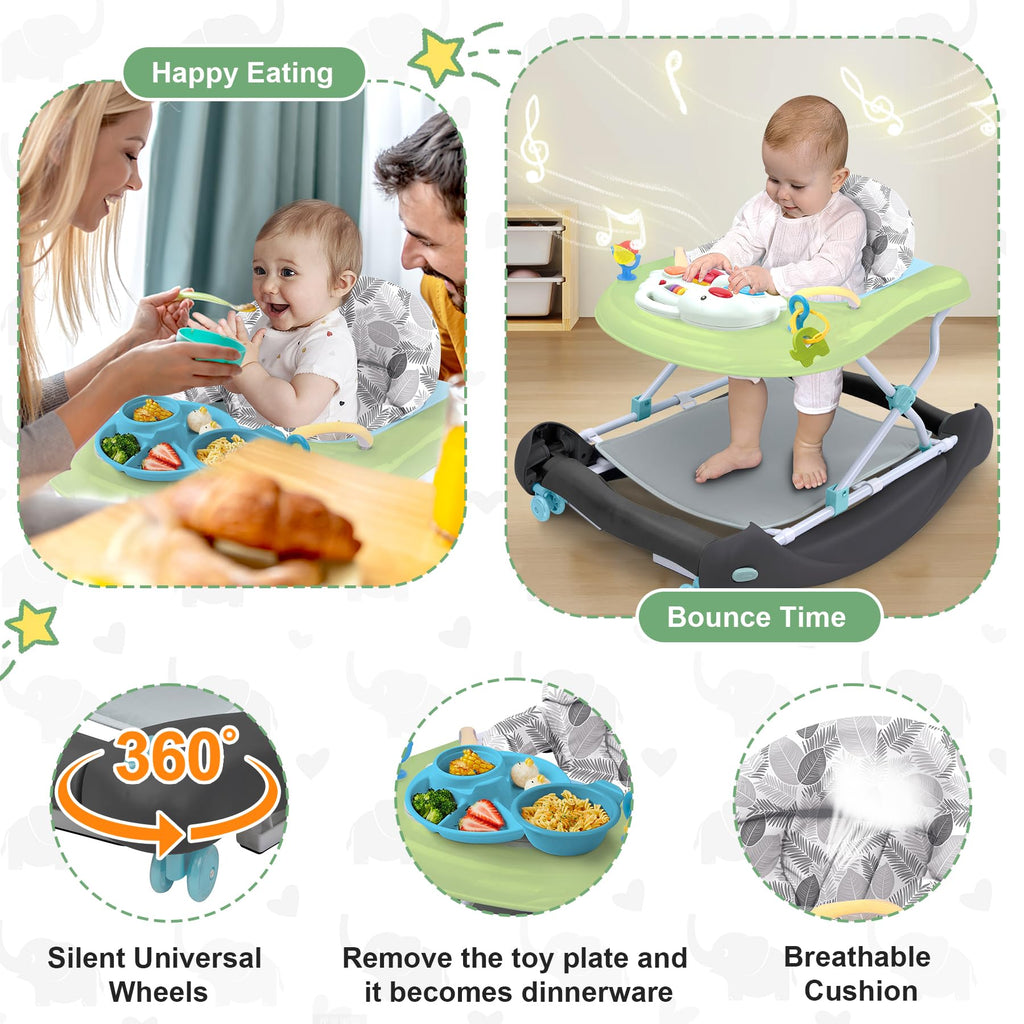 Pawtong Foldable Baby 5-in-1 Activity Walker - Rocker, Activity Center, Bouncer, Seat Walker, Push Walker - Adjustable Speed Rear Wheels and Height Toys Ages 6-18 Months… (Green)
