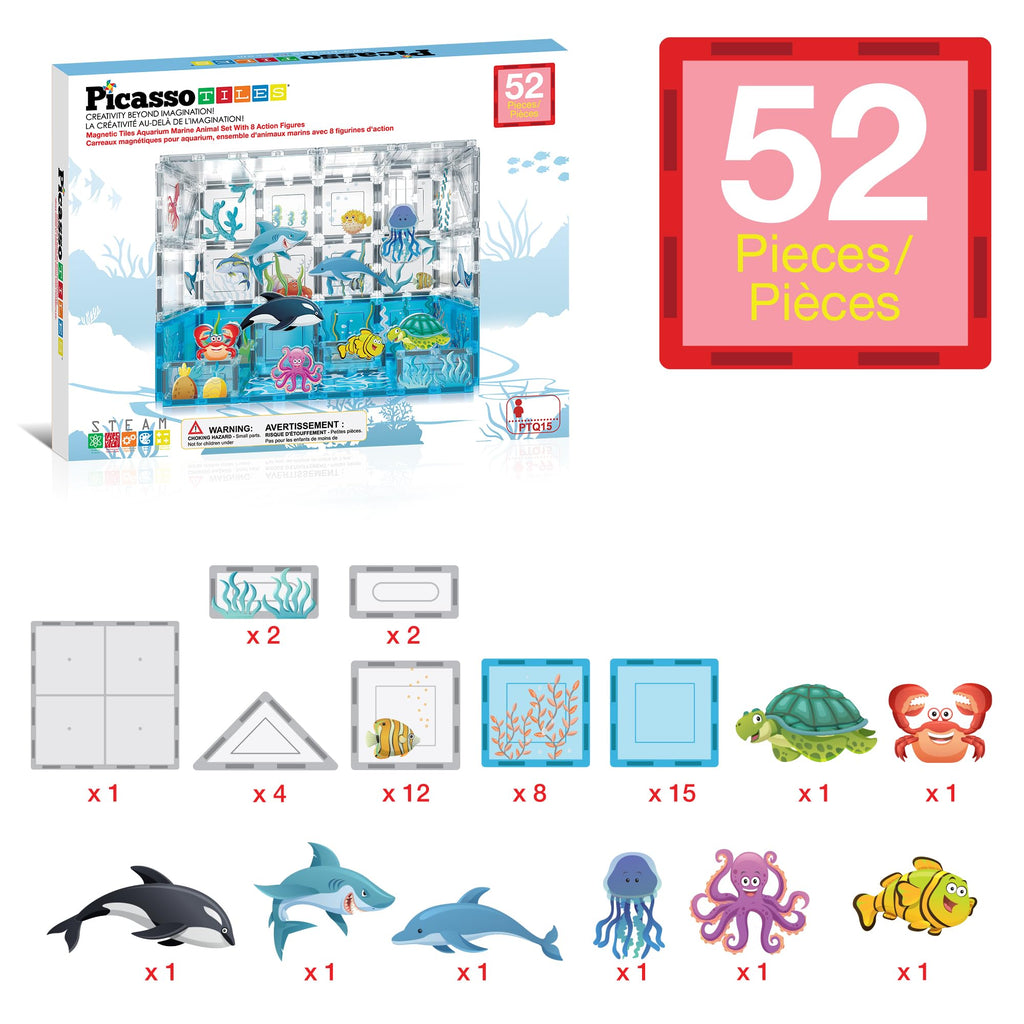 PicassoTiles Magnet Tiles Magnetic Building Blocks Aquarium Marine Animal Theme Set with 8 Character Action Figures Shark Crab Turtle STEM Toys Construction Preschool Toddlers Kids Boys Girls 3+ PTQ15