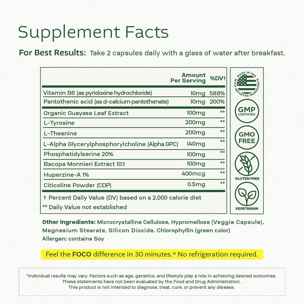 Think FOCO Capsules (13+) Natural Focus Supplement for Teens & Adults - Brain Nootropic for Concentration, Memory, Mental Clarity, Cognitive Enhancement Vitamins - Attention Supplements - 60 Capsules