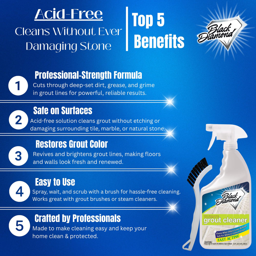 Black Diamond Ultimate Grout Cleaner: Best Cleaner for Tile,Ceramic,Porcelain, Marble Acid-Free Safe Deep Cleaner & Stain Remover for Even The Dirtiest Grout. (1-Quart/1-Brush)