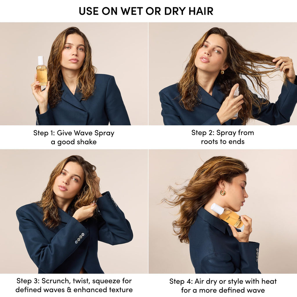 OUAI Wave Spray - Coconut Oil & Rice Protein Texture Mist for Voluminous Beach Waves with Shine - Paraben Free, Safe for Color & Keratin-Treated Hair (4.9 fl oz)
