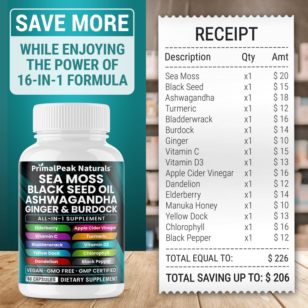 PrimalPeak Naturals Sea Moss Black Seed Oil Ashwagandha Ginger Burdock Bladderwrack Turmeric & Vitamin C Vitamin D3 with ACV Elderberry Chlorophyll Dandelion Yellow Dock Vegan Capsules - 120 Count