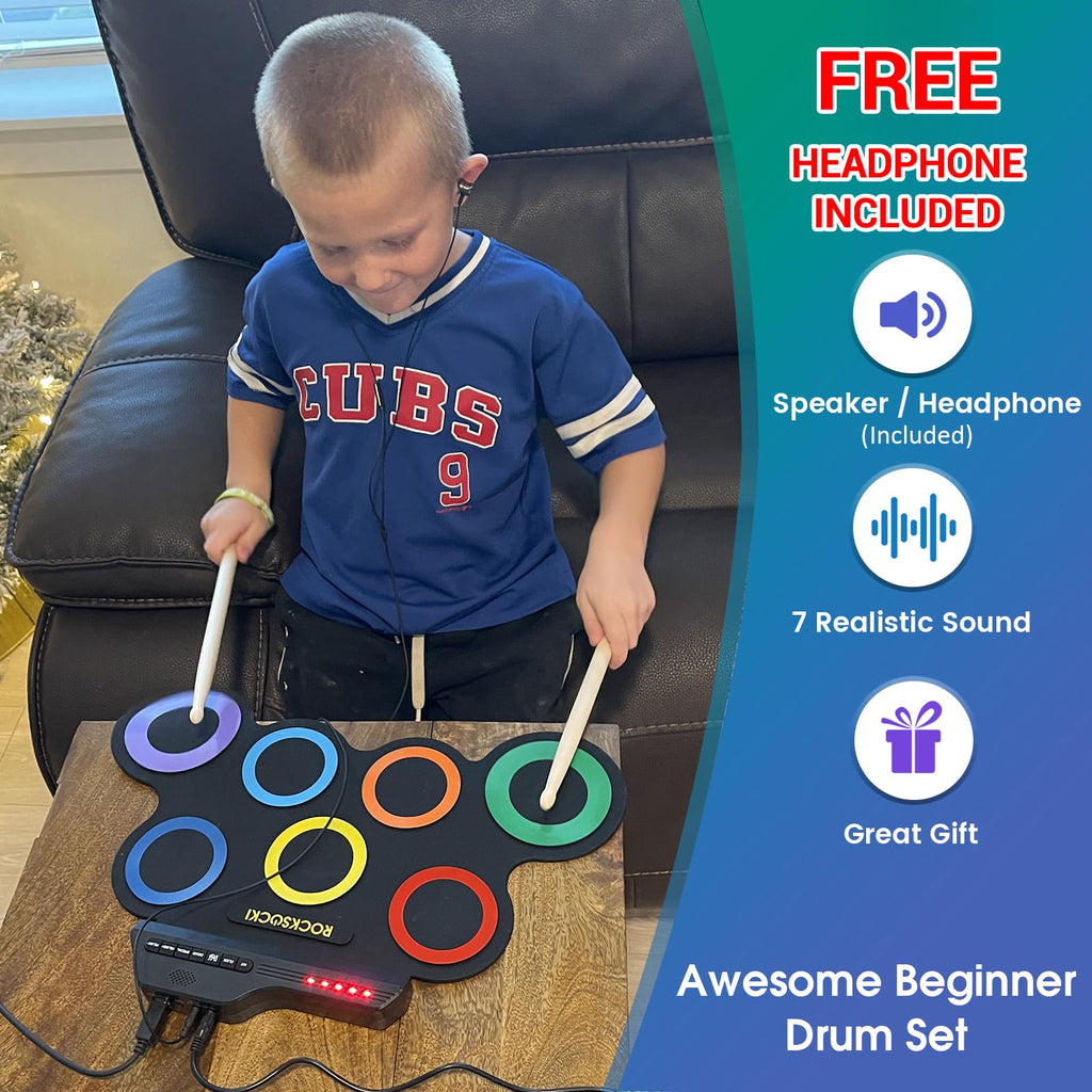 ROCKSOCKI Electric Drum Set, 7-Pad Kids Electronic Drum Set with Headphone Included, Roll-up Drum Practice Pad, Great Holiday Xmas Birthday Gift for Kids