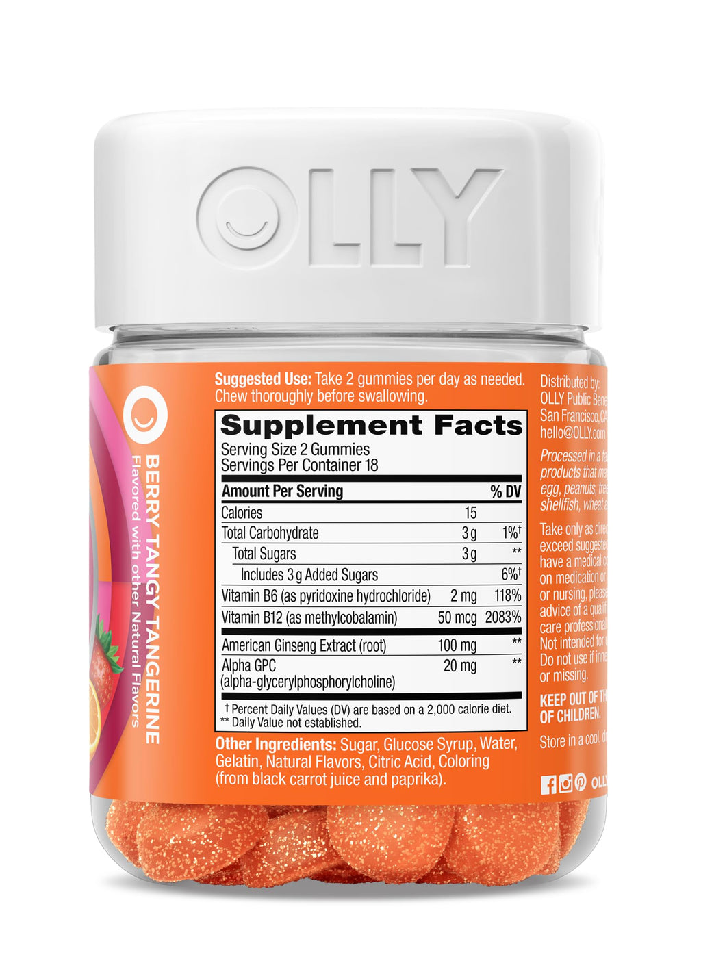 OLLY Laser Focus Gummy, Ginseng, Alpha GPC, B Vitamins, Berry Tangerine Flavor - 36 Count (Pack of 2)