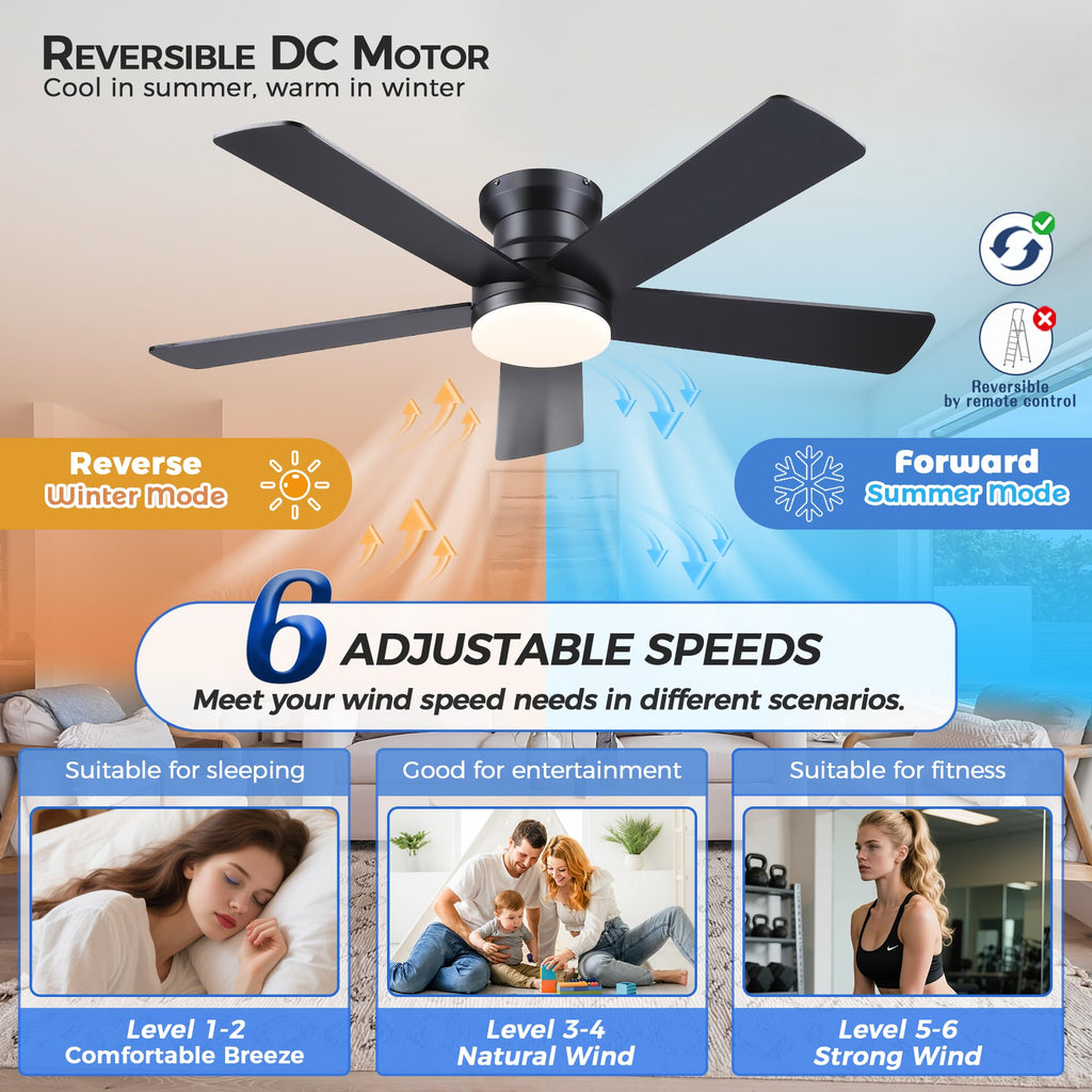Ayaoty Ceiling Fans with Lights - 48" Black Flush Mount Ceiling Fan Light with 6 Speeds 3CCT Dimmable, Revesible Motor, Low Profile Fan Light for Modern Indoor Bedroom, Kitchen