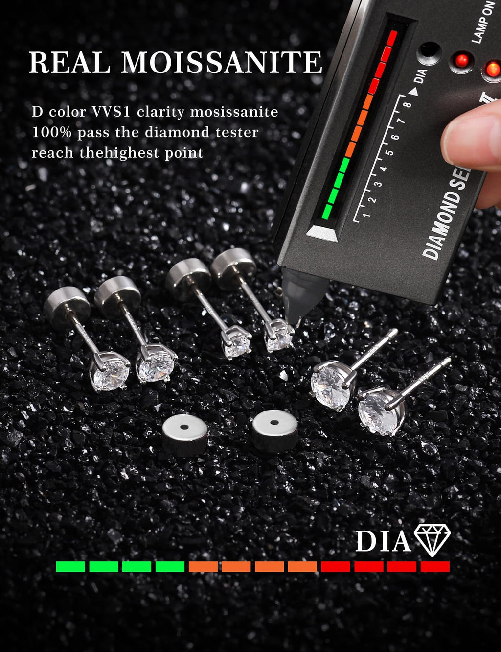3 Pairs Moissanite Flatback Stud Earrings for Women, 925 Sterling Silver Hypoallergenic Flat Back Cartilage Earrings Set, 18K White Gold Plated (3,4,5mm)