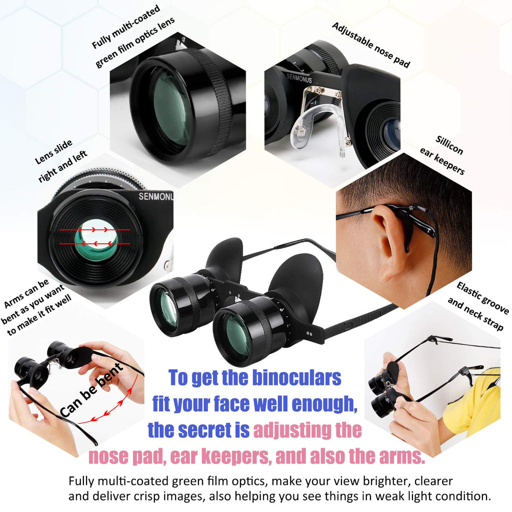 Professional Hands-Free Binocular Glasses for Fishing, Bird Watching, Sports, Concerts, Theater, Opera, TV, Sight Seeing, Hands-Free Opera Glasses for Adults Kids (Green Film Optics)-Upgraded