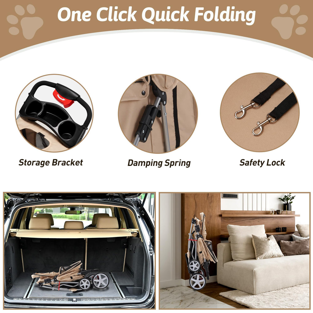 Azaeahom Pet Stroller, 4 Wheels Pet Strolling Cart for Medium/Small Dogs and Cats, Foldable Cat Jogger/Dog Stroller with Cup Holder, Storage Basket, Breathable Mesh, All-Season Pet Carrier, Khaki