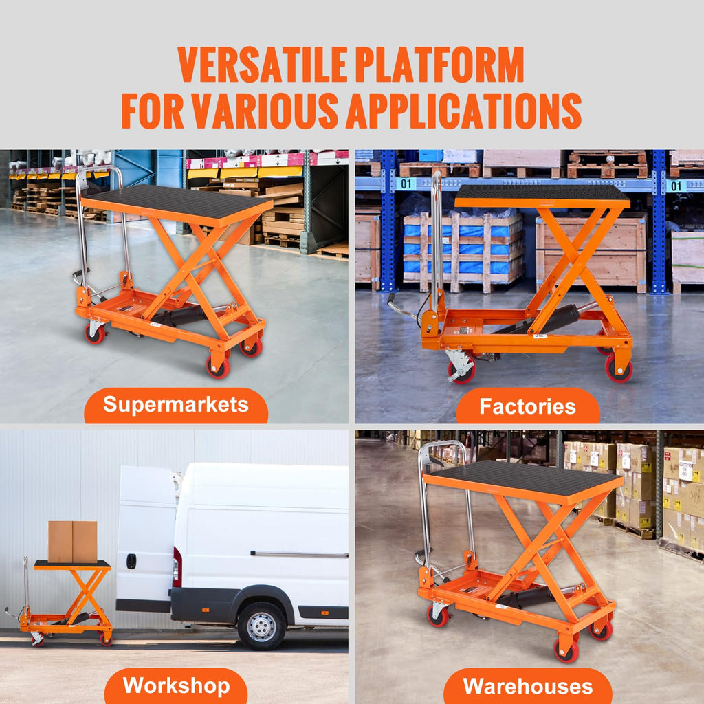 VEVOR TF15 Hydraulic Lift Table Cart, 330lbs Capacity 28.5" with 4 Wheels and Non-Slip Pad, for Material Handling and Transportation, Orange