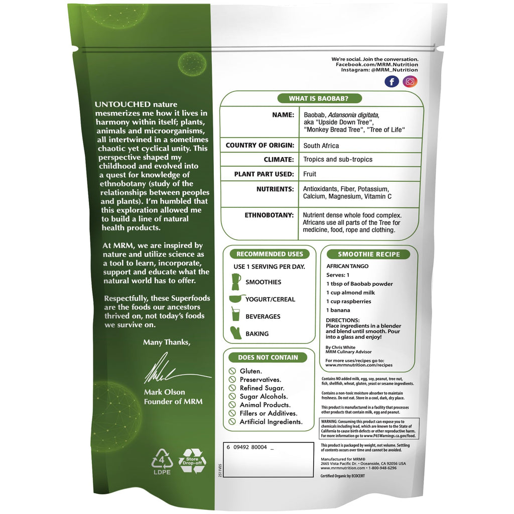 MRM Organic Baobab Powder - For Women & Men - USDA Organic Baobab Fruit Powder Superfood with Fiber, Antioxidants & Vitamin C for Smoothies, Juices & Daily Nutrition, Vegan, Gluten-Free - 40 Servings