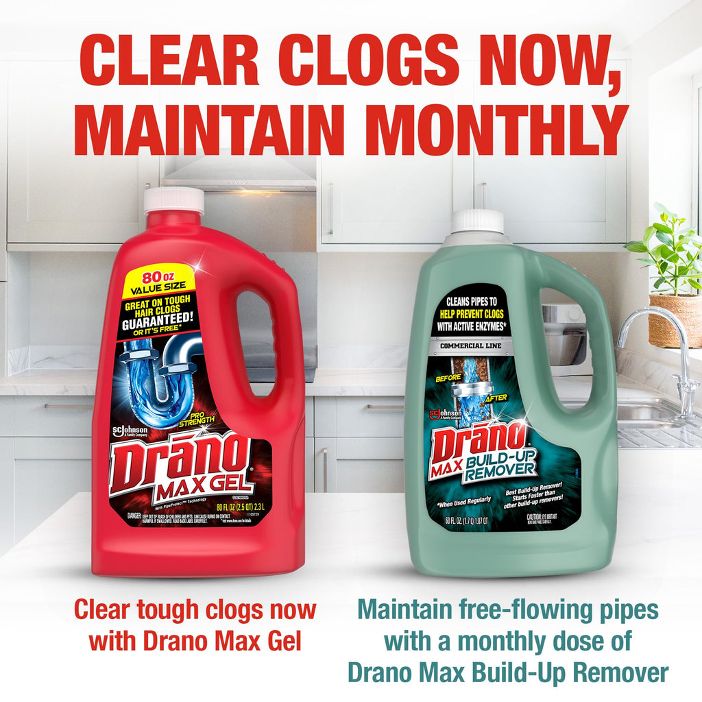 Drano Max Gel Drain Clog Remover & Cleaner, Fast-Acting to Unclog Standing Water & Remove Hair, Grease & Food Blockages, Safe for all Pipes & Septic, Kitchen Sinks, Bathroom Showers, 80 Oz, 2 Pack