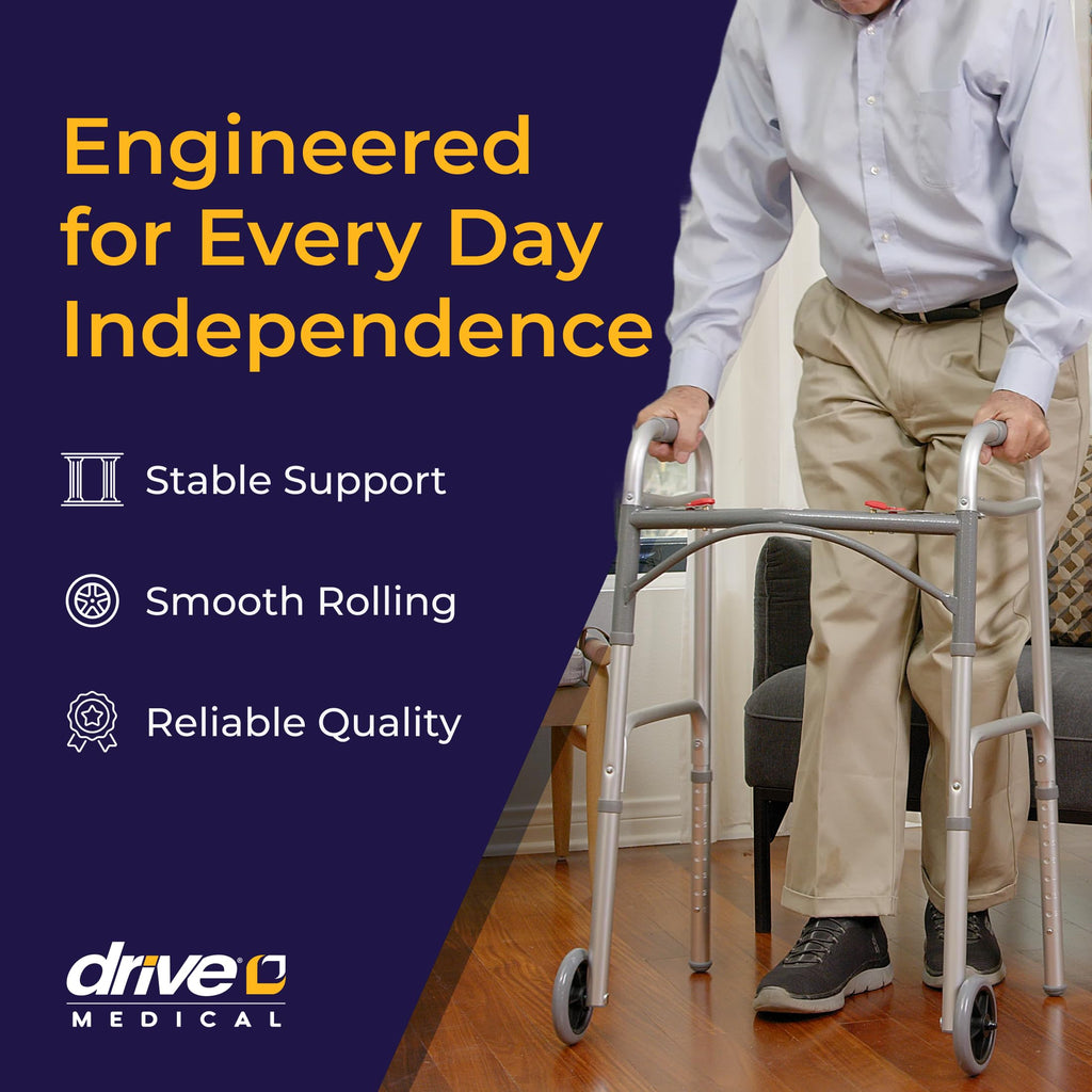 Drive Medical Two-Button Folding Walker w/ Wheels - Lightweight Rolling Mobility Support - Desk Arms - Adjustable Height - Dual Push Operation - 5 Inch Front Wheels - Durable Aluminum - Silver