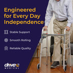 Drive Medical Two-Button Folding Walker w/ Wheels - Lightweight Rolling Mobility Support - Desk Arms - Adjustable Height - Dual Push Operation - 5 Inch Front Wheels - Durable Aluminum - Silver