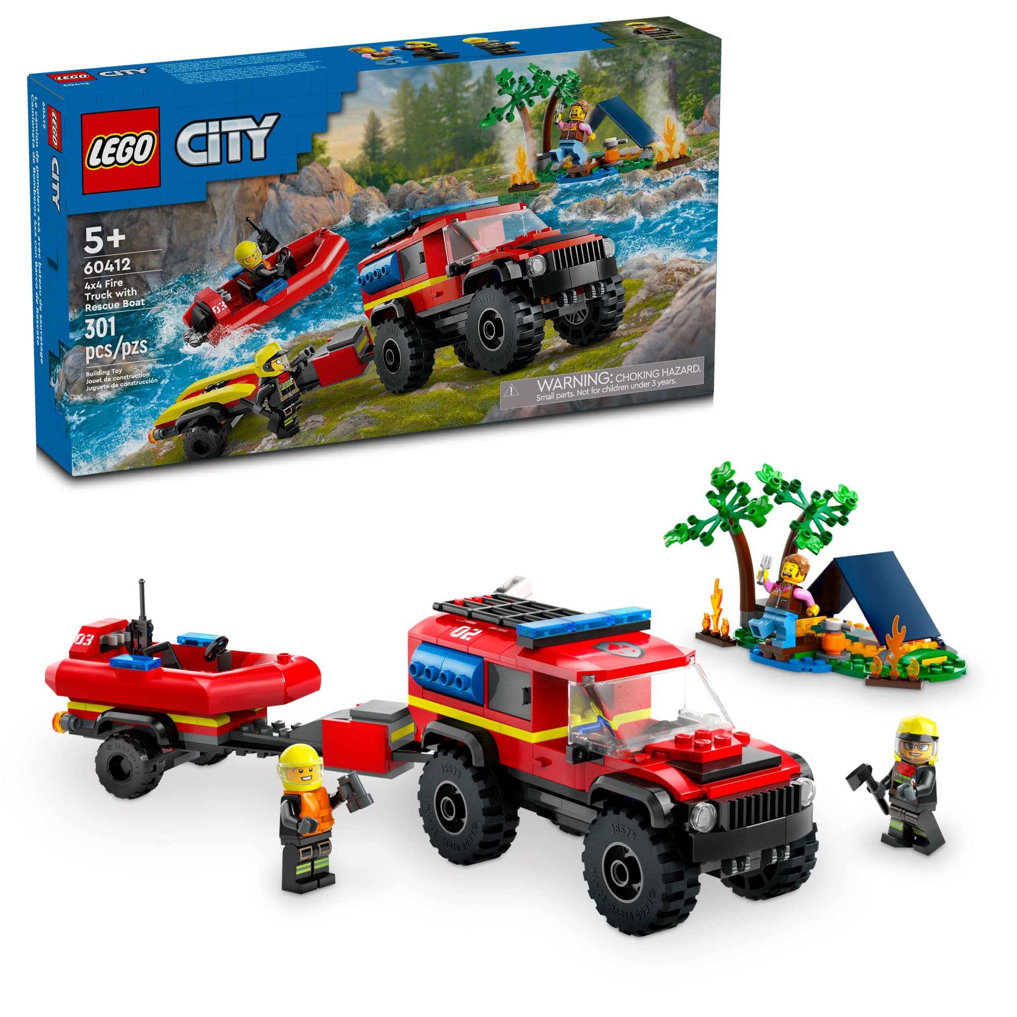 LEGO City Fire 4x4 Fire Truck with Rescue Boat Building Toy - Pretend Play Preschool Toy for Boys & Girls, Ages 5+ - Gift Ideas for Birthdays - 60412