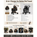 PAWPUBBY 6-in-1 Pet Stroller for Medium Dogs up to 50 lbs, Luxury Black & Gold Dog Stroller with Detachable Carrier, Foldable Travel Cat Stroller, Removable Pet Car Seat, 360° Rotating Wheels