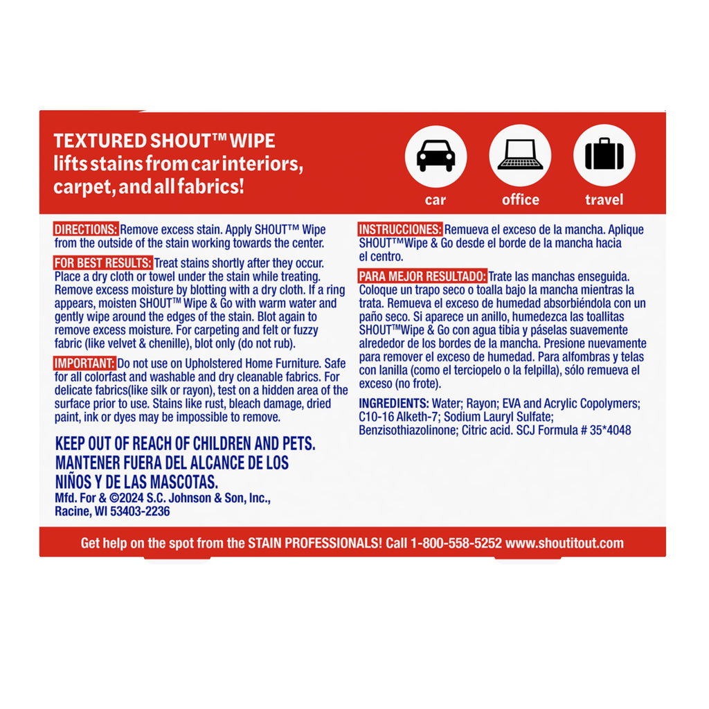 Shout Wipe & Go, Portable Instant Stain Remover Wipes, 24 Count, (3 Pack)