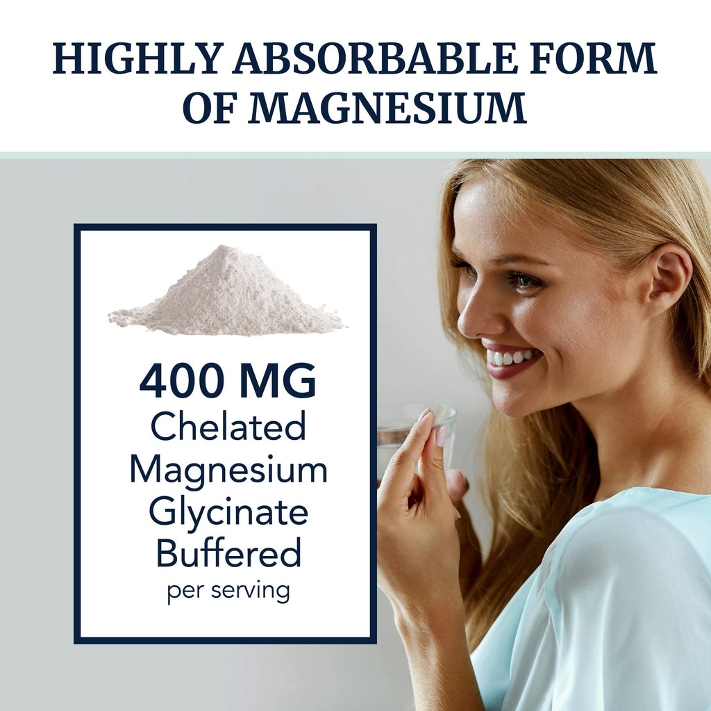 Magnesium Glycinate 400mg | High Absorption Formula for Sleep, Calm, Muscle Relaxation, Heart, Bone & Nerve Support for Women & Men | Chelated Magnesium Glycinate Supplement | 120 Ct (2 Month Supply)