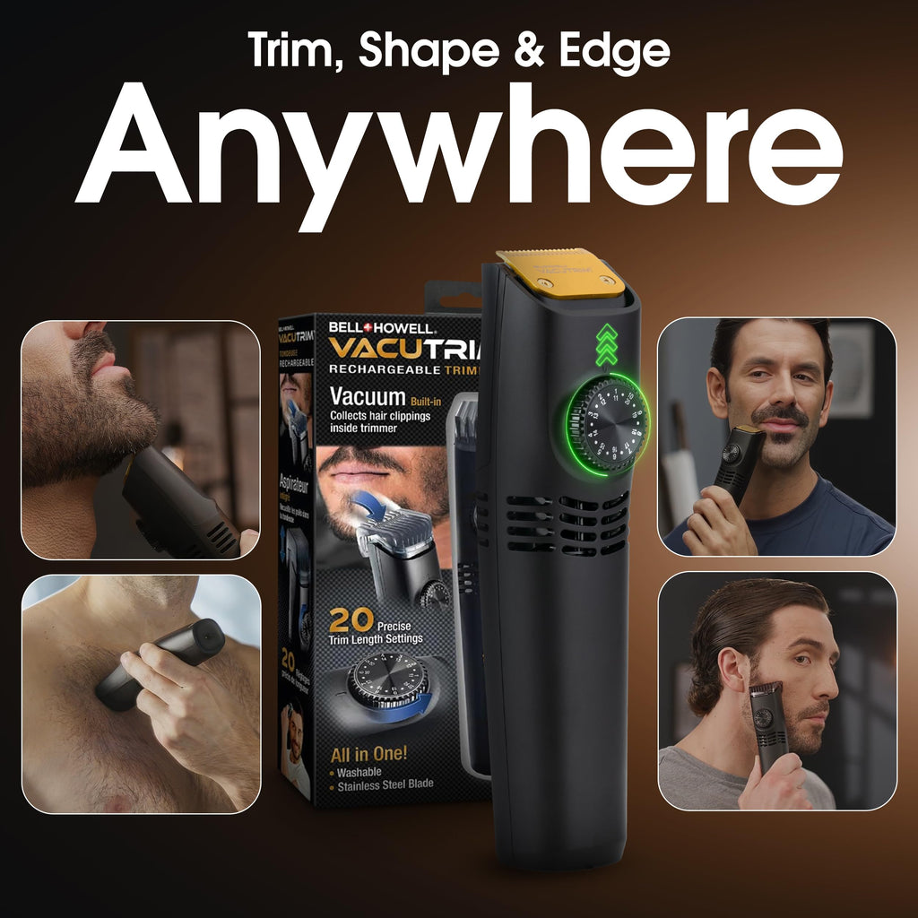 Bell+Howell Vacutrim Cordless Beard Trimmer – Rechargeable Electric Shaver with Built-in Vacuum, 20 Trim Settings, LED Indicator – for Mustache, Sideburns, Facial Hair – Deluxe, 7.5" As Seen On TV